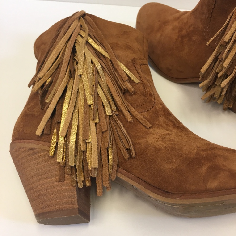 Sam Edelman Louie Western Boot Caramel Brown Suede Fringe US Size 9.5 Block Heel